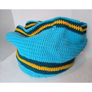 Handmade Crochet Tote Bag With Blue Yellow & Green Stripes